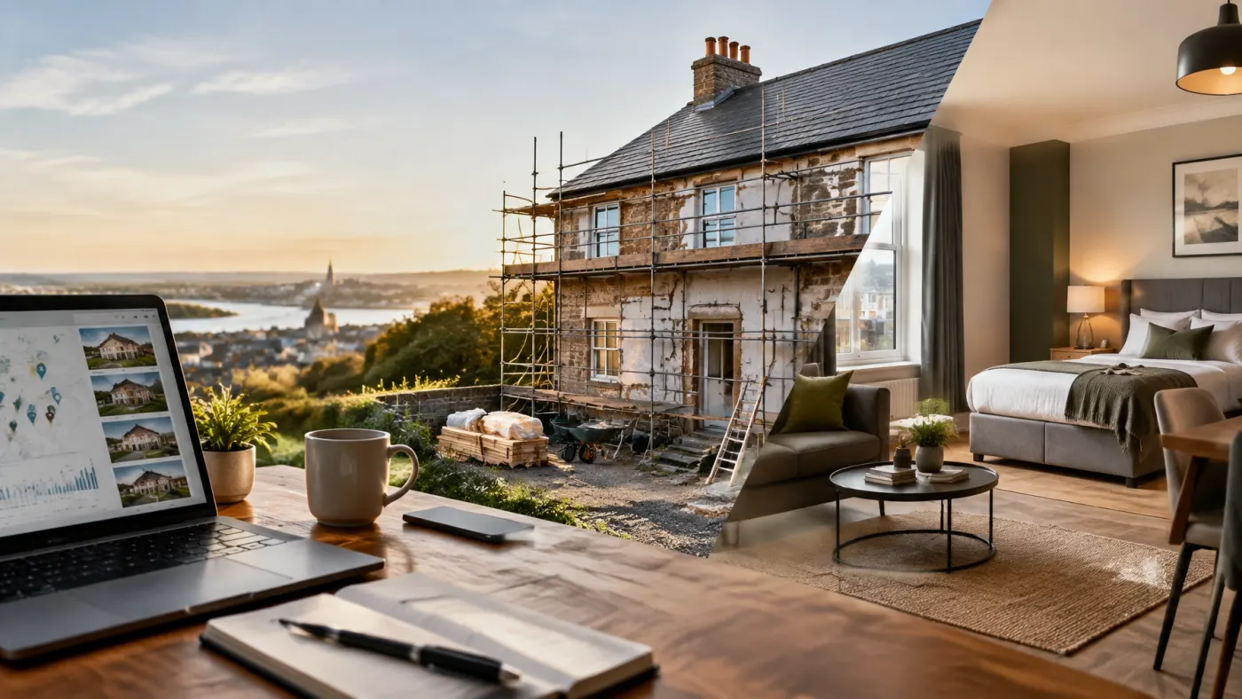 A property renovation opening into a finished serviced accommodation interior